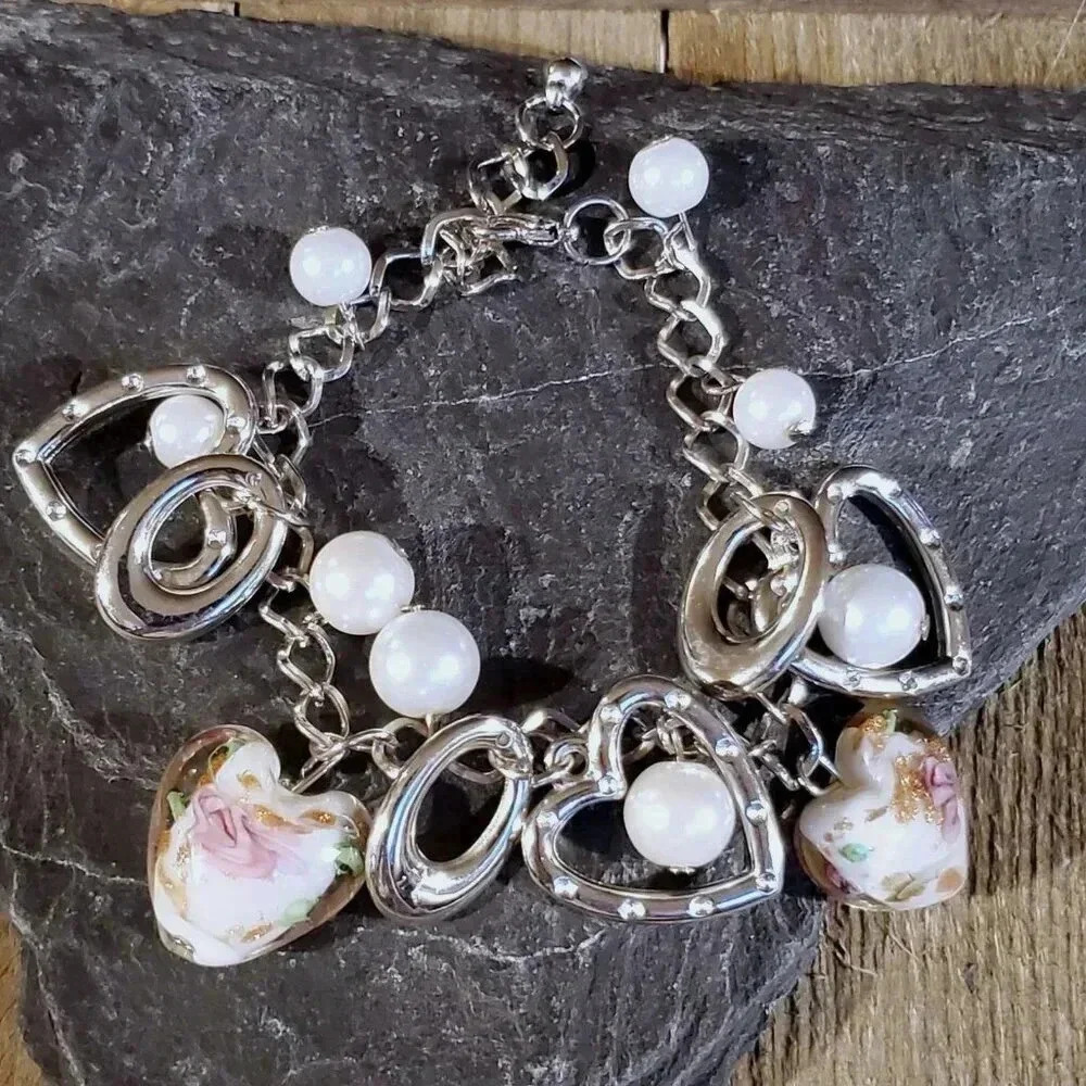 Vintage Murano Glass Beads White Silver Charm Bracelet Style G